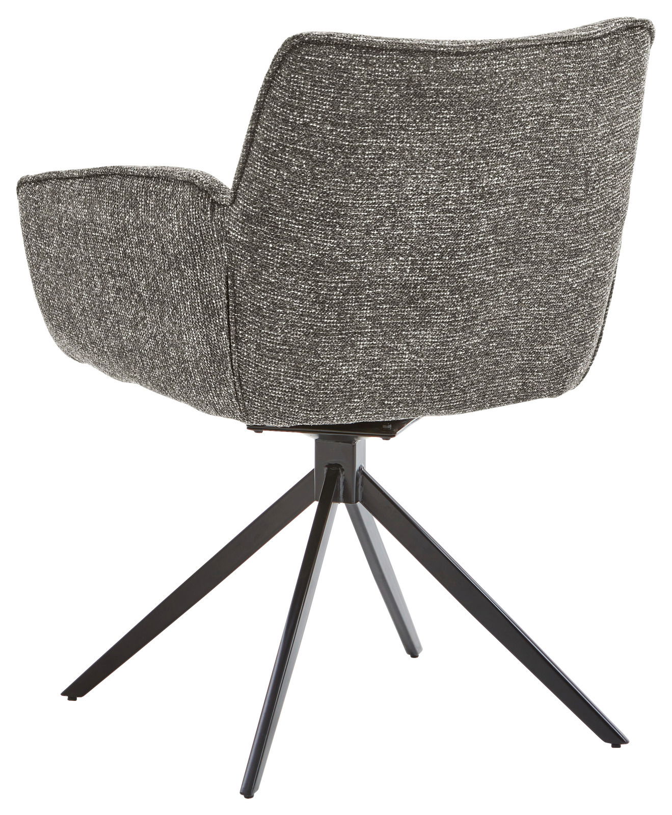 Rückansicht eines modernen Armlehnstuhls mit grauem Stoffbezug und schwarzem Metallgestell.