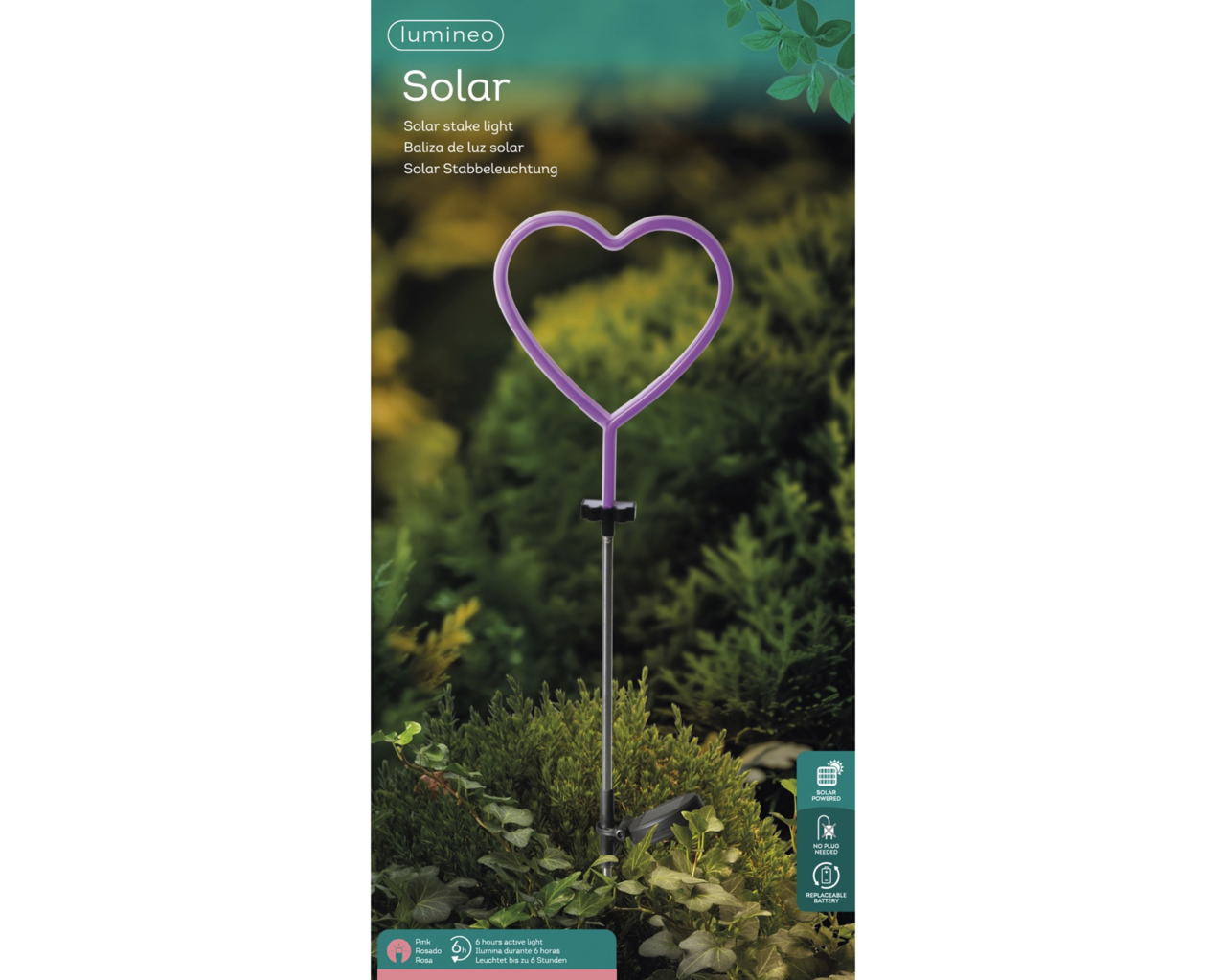 Herzförmige Solar Stabbeleuchtung in einem Garten, von vorne betrachtet, mit rosa leuchtendem Rahmen.