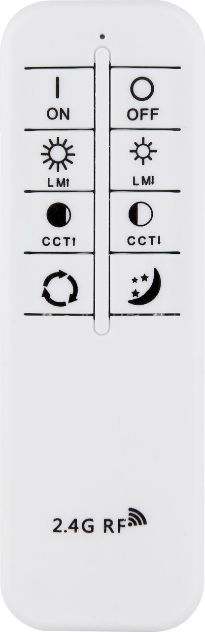 Afstandsbediening voor LED-plafondlamp, vooraanzicht met knoppen voor aan/uit, helderheid en kleurtemperatuur, 2,4 GHz RF-technologie.
