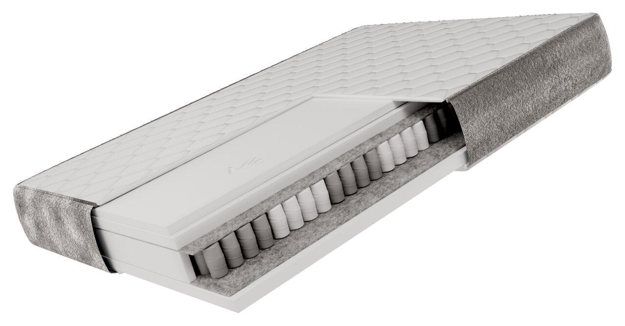 Querschnitt einer Matratze mit sichtbaren Taschenfedern und grauem Stoffbezug, perspektivisch von der Seite gezeigt.
