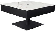 Moderner Couchtisch mit schwarzem Sockel und weißer Marmorplatte, seitliche Perspektive