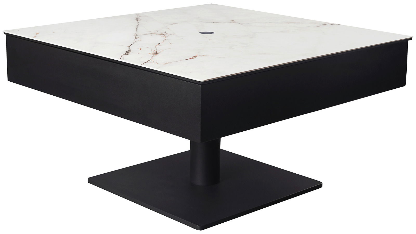 Moderner Couchtisch mit schwarzem Sockel und weißer Marmorplatte, seitliche Perspektive