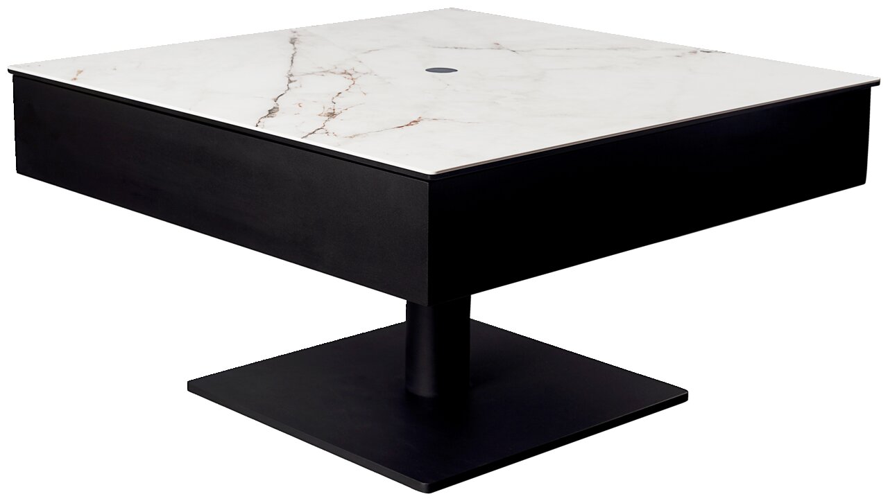 Dieter Knoll Couchtisch MALAGA Moderner Couchtisch mit schwarzem Sockel und weißer Marmorplatte, seitliche Perspektive