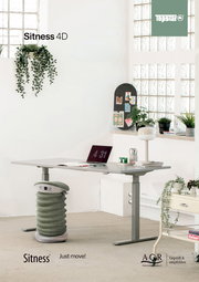 Moderner Aktiv-Sitz in einem hellen Büro mit Pflanzen und einem höhenverstellbaren Schreibtisch, seitliche Perspektive.