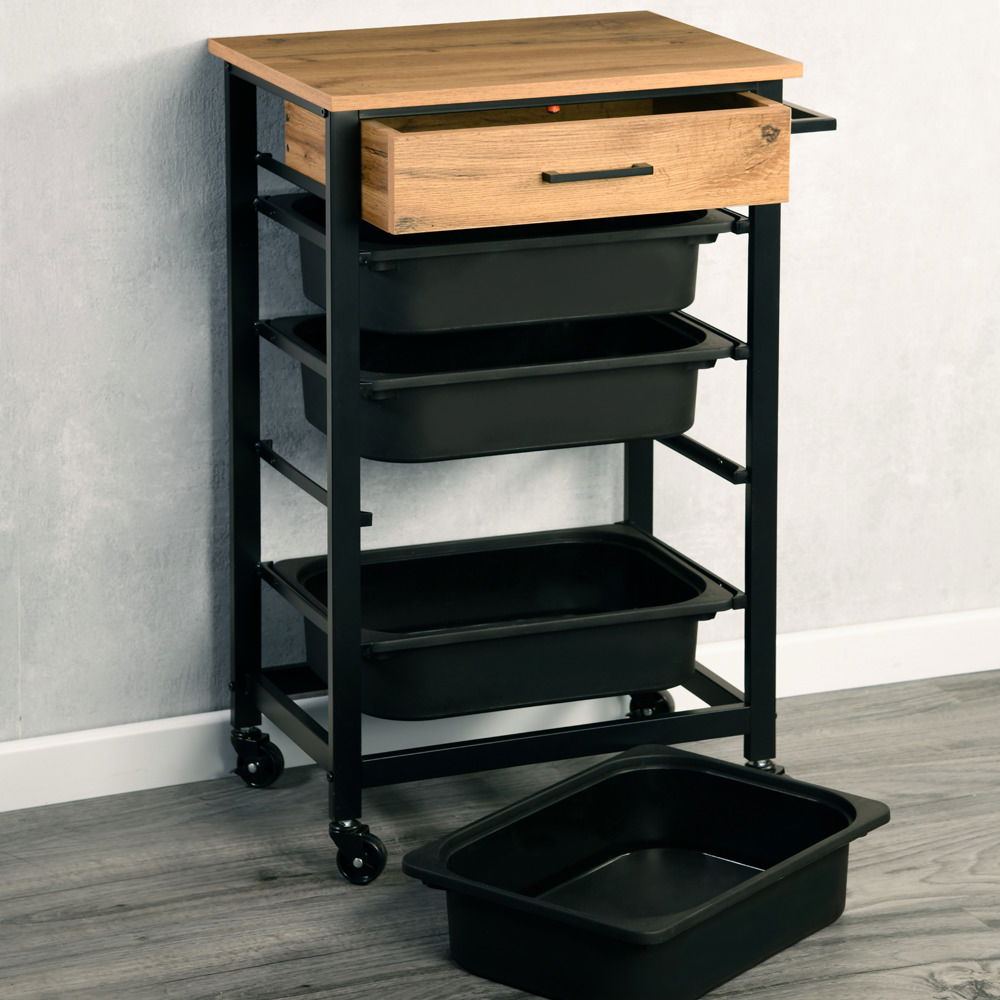 Küchenwagen mit Holzplatte, drei schwarzen Schubladen und Rollen, seitliche Perspektive