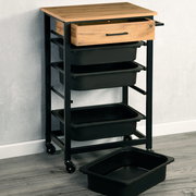 Küchenwagen mit Holzplatte, drei schwarzen Schubladen und Rollen, seitliche Perspektive