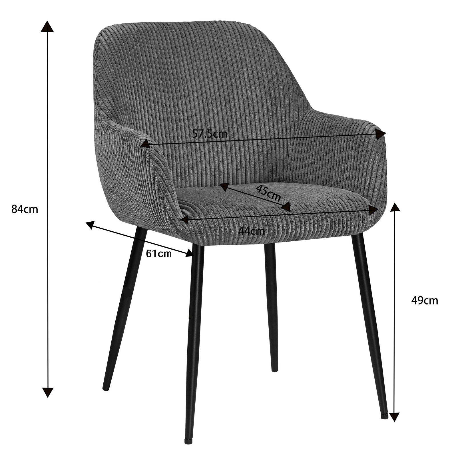 Grauer Armlehnstuhl mit gestreiftem Stoffbezug, schwarzem Metallgestell und Maßen in der Seitenansicht.