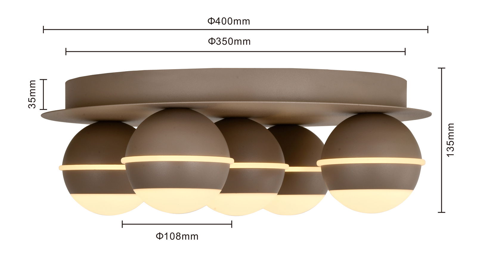 LED-Deckenleuchte mit fünf kugelförmigen Leuchtelementen, seitliche Perspektive