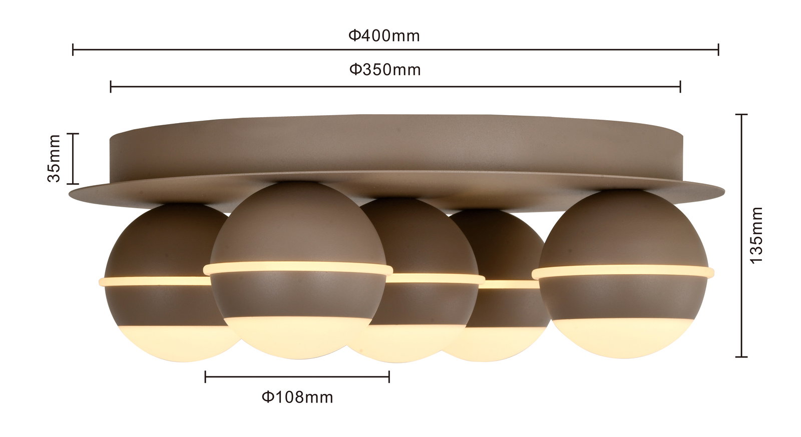 LED-Deckenleuchte mit fünf kugelförmigen Leuchtelementen, seitliche Perspektive