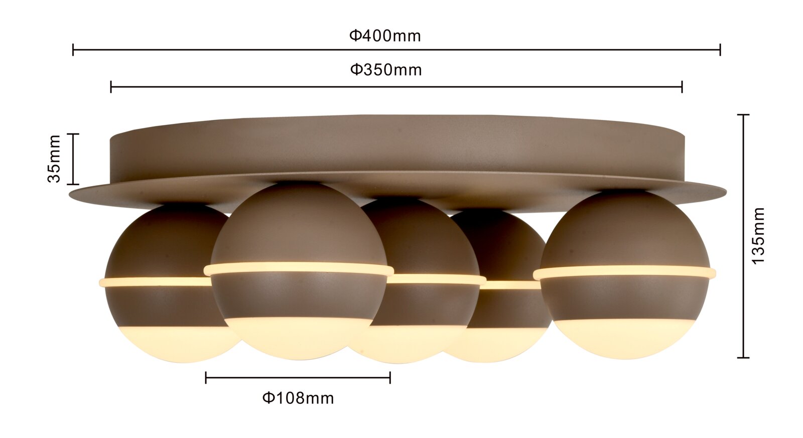 LED-plafondlamp met vijf bolvormige lichtelementen, zijaanzicht