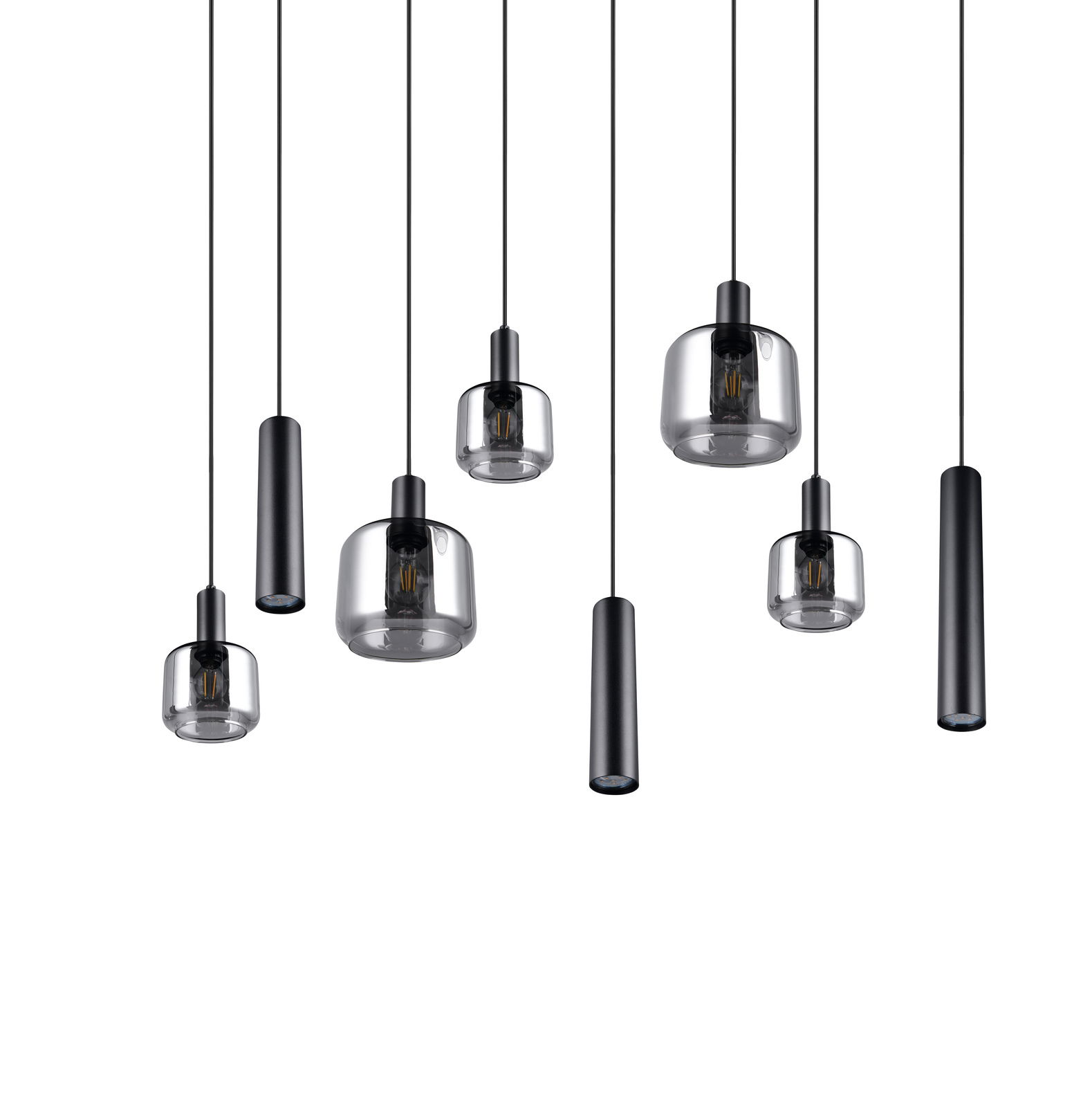 Mehrere moderne Pendelleuchten aus schwarzem Metall und Glas, von unten betrachtet.