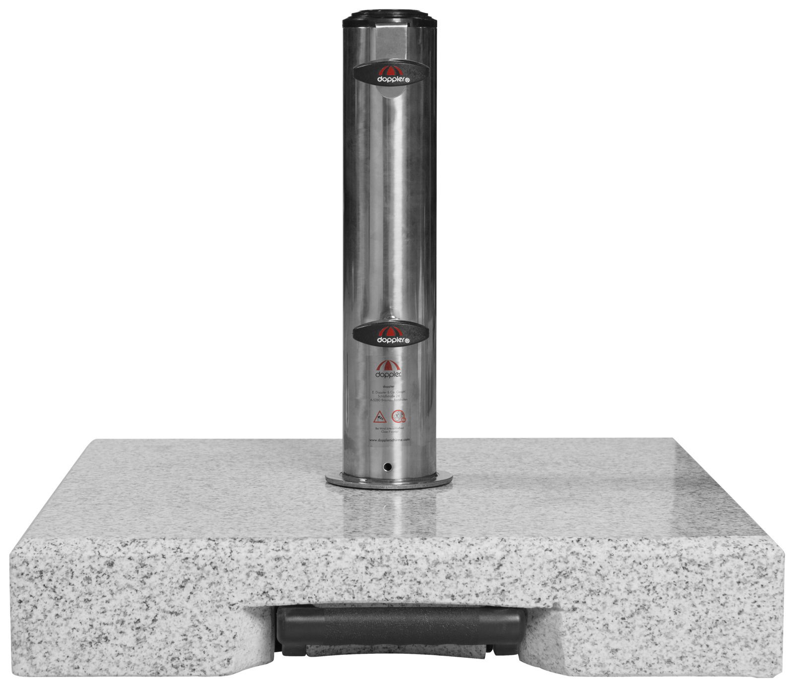 Granit-Trolley-Sockel mit Edelstahlrohr, Frontalansicht