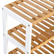 Schuhregal mit 3 Ablagen aus Holz und weißem Rahmen, seitliche Perspektive