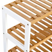 Schuhregal mit 3 Ablagen aus Holz und weißem Rahmen, seitliche Perspektive