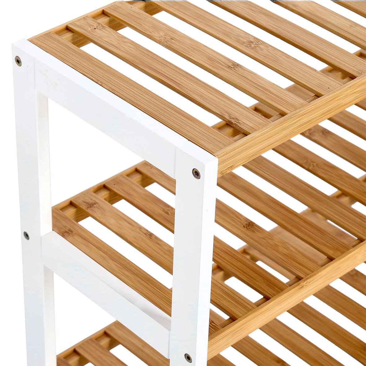 Schuhregal mit 3 Ablagen aus Holz und weißem Rahmen, seitliche Perspektive