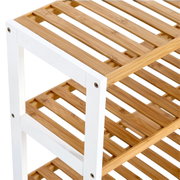 Schuhregal mit 3 Ablagen aus Holz und weißem Rahmen, seitliche Perspektive