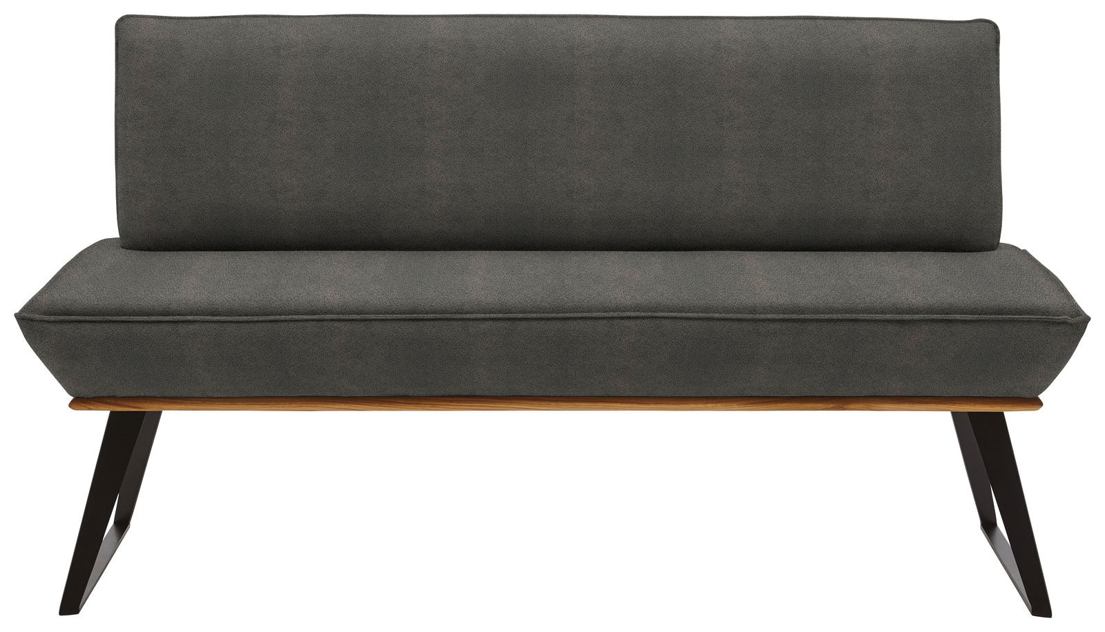 Moderne Bank mit grauem Polster und Holzbeinen, Frontalansicht