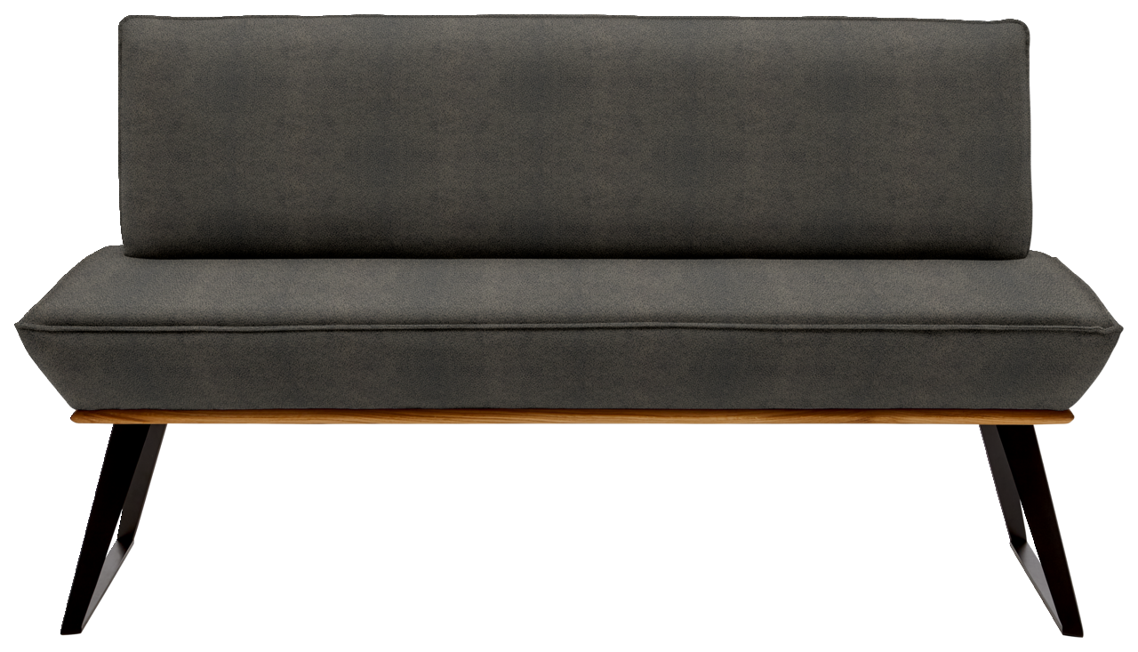 Moderne Bank mit grauem Polster und Holzbeinen, Frontalansicht