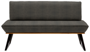 Moderne Bank mit grauem Polster und Holzbeinen, Frontalansicht