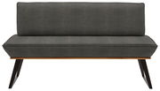 Moderne Bank mit grauem Polster und Holzbeinen, Frontalansicht