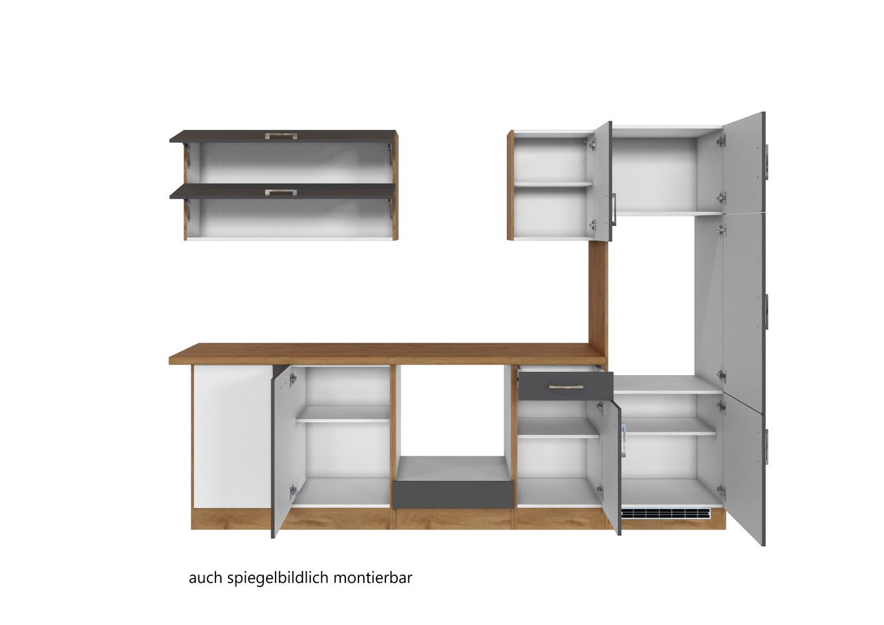 Eck-Küchenzeile mit offenen Schränken und Regalen, Holz- und Grautöne, frontale Ansicht, auch spiegelbildlich montierbar.
