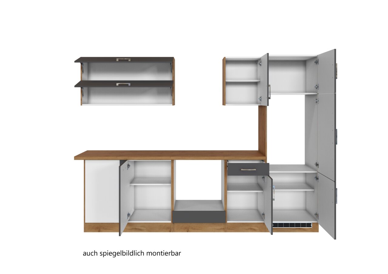 Hoekkeuken met open kasten en planken, in hout- en grijstinten, vooraanzicht, ook spiegelbeeldig te monteren.