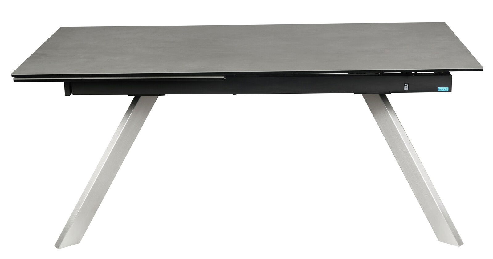 Moderner Esstisch mit grauer Tischplatte und schrägen Metallbeinen, seitliche Perspektive