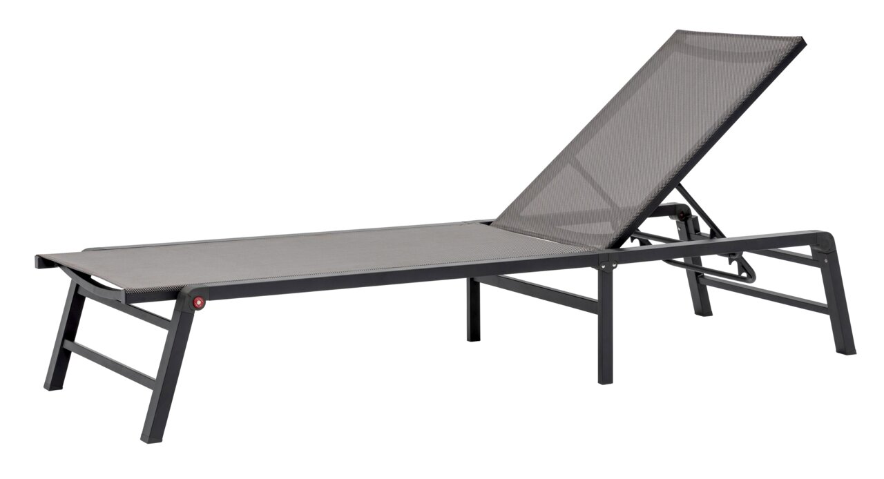 Gartenliege aus Metall mit verstellbarer Rückenlehne, seitliche Perspektive