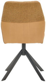 Rückansicht eines modernen Stuhls mit gepolsterter Rückenlehne in beige und schwarzem Metallgestell.