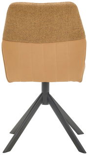 Rückansicht eines modernen Stuhls mit gepolsterter Rückenlehne in beige und schwarzem Metallgestell.