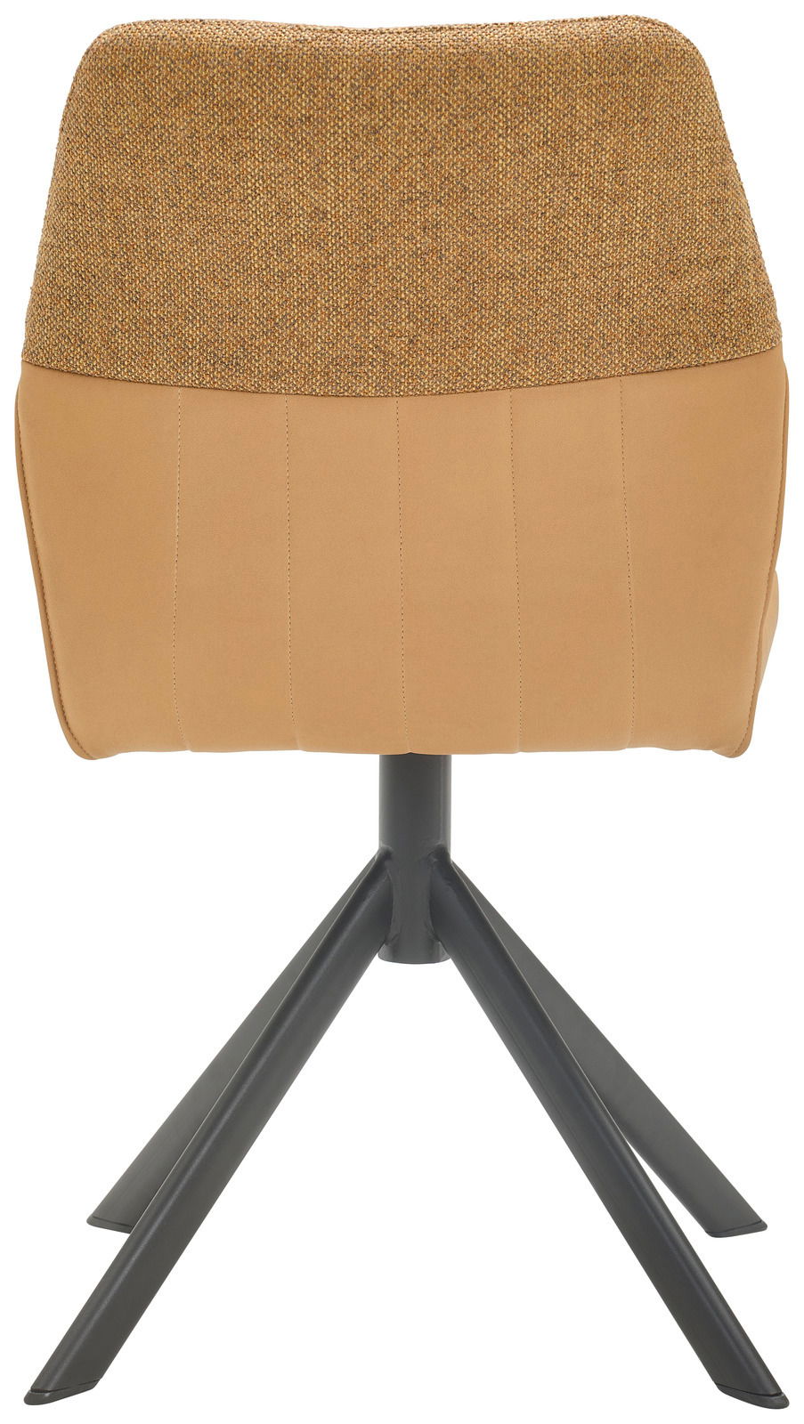 Rückansicht eines modernen Stuhls mit gepolsterter Rückenlehne in beige und schwarzem Metallgestell.