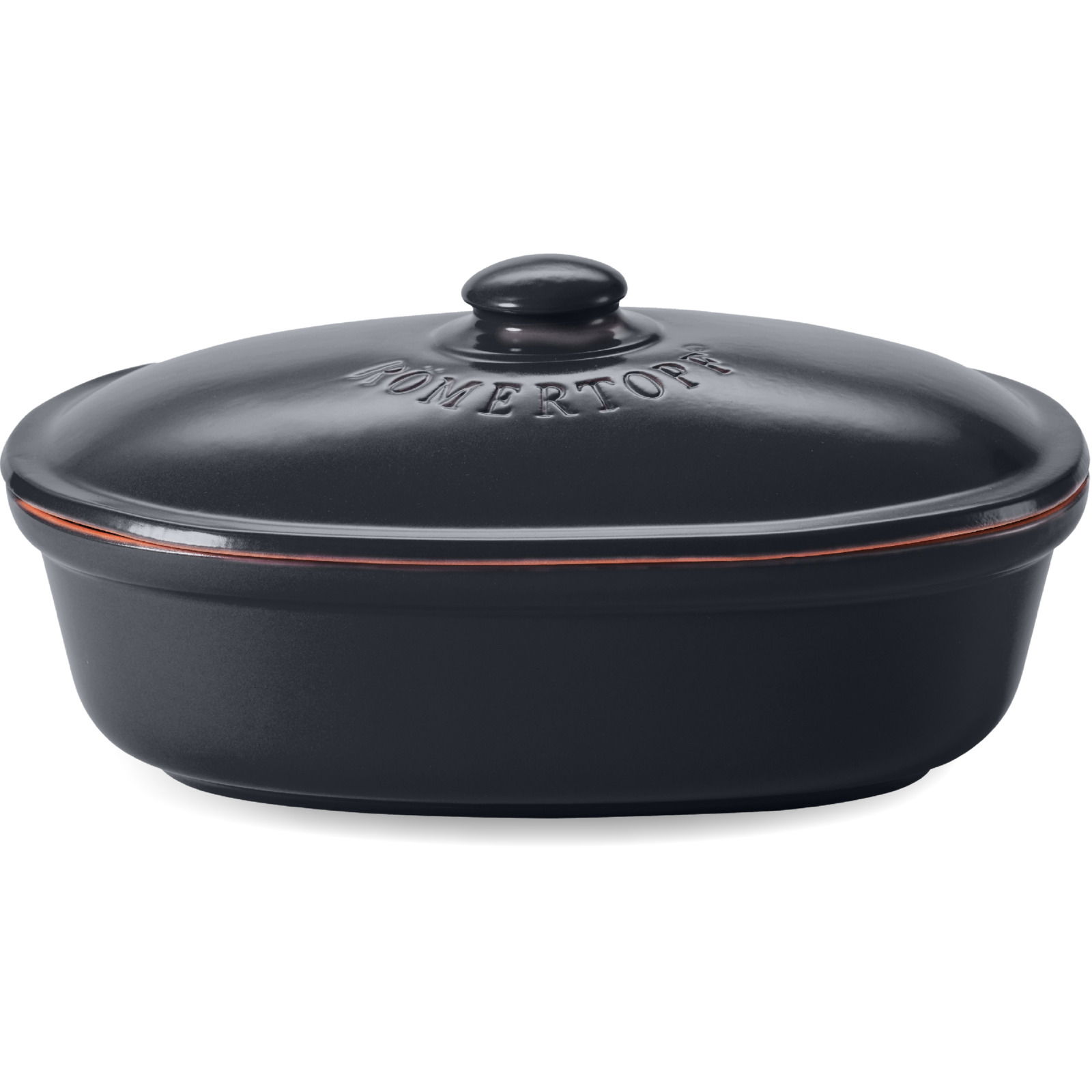 Römertopf Brot-Frischetopf Schwarzer ovaler Brottopf mit Deckel, seitliche Perspektive