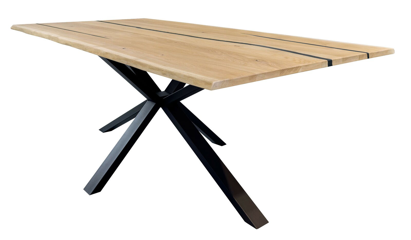 Moderner Esstisch mit Holzplatte und schwarzem Metallgestell, seitliche Perspektive