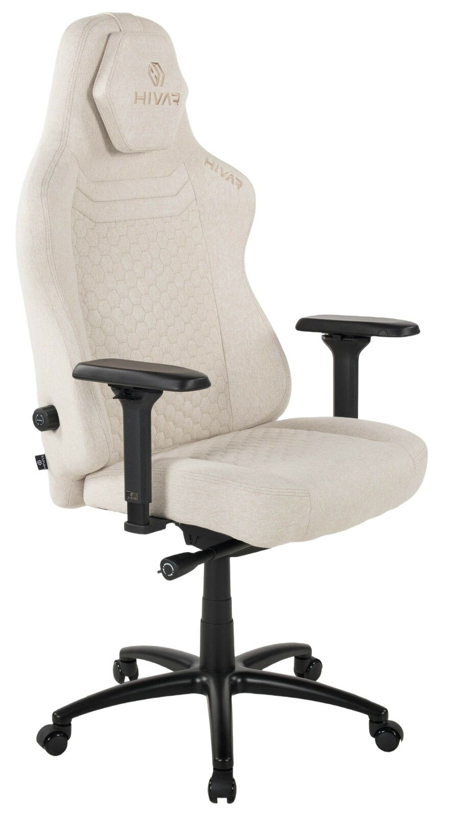 Beiger Gaming Stuhl mit ergonomischem Design, verstellbaren Armlehnen und stabiler schwarzer Basis, seitliche Perspektive