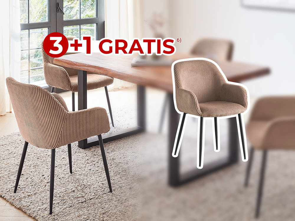 Moderner Essbereich mit gepolsterten Drehstühlen, 3+1 Gratis-Aktion hervorgehoben