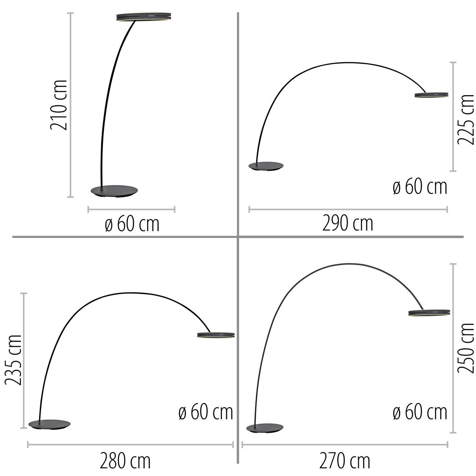 LED-Bogenleuchte in verschiedenen Perspektiven mit Höhen von 210 cm bis 250 cm und einem Durchmesser von 60 cm.