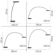 LED-Bogenleuchte in verschiedenen Perspektiven mit Höhen von 210 cm bis 250 cm und einem Durchmesser von 60 cm.