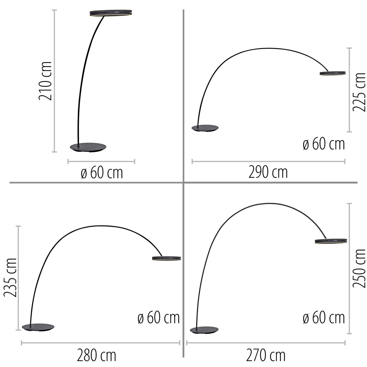 LED-Bogenleuchte in verschiedenen Perspektiven mit Höhen von 210 cm bis 250 cm und einem Durchmesser von 60 cm.