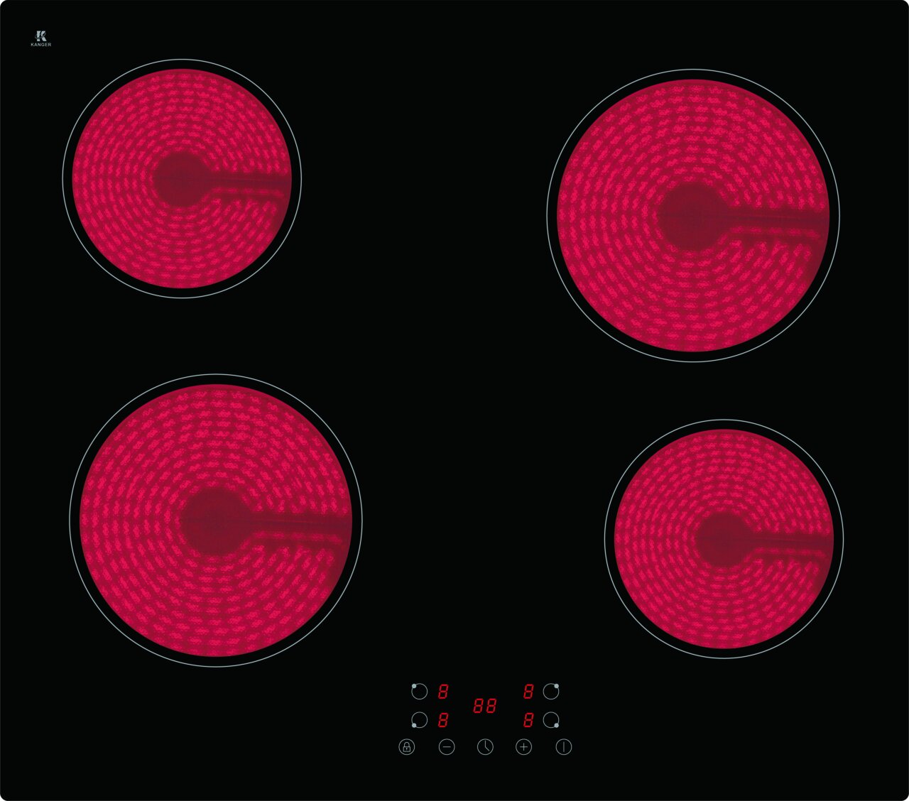 Glaskeramik-Kochfeld mit vier leuchtenden Kochzonen, Draufsicht