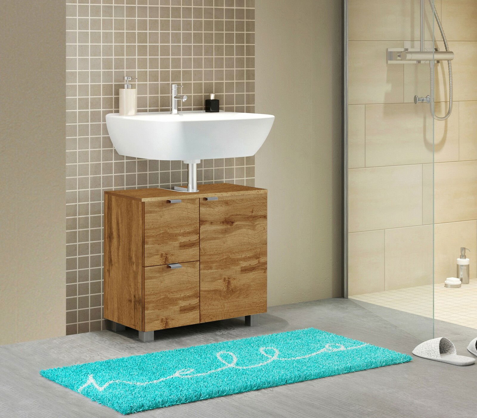 XORA Waschbeckenunterschrank BOGOTA Waschbeckenunterschrank aus Holz mit zwei Türen, frontal fotografiert, unter einem modernen Waschbecken in einem stilvollen Badezimmer.