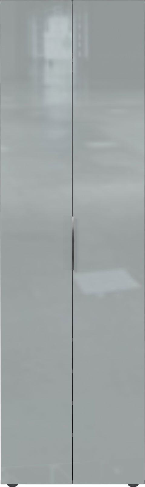 Moderner Garderobenschrank mit zwei Türen in grauer Hochglanzoptik, Frontalansicht