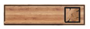 Lange houten wandplank met zwart frame en geïntegreerd vierkant accentpaneel met jaarringenmotief, vooraanzicht