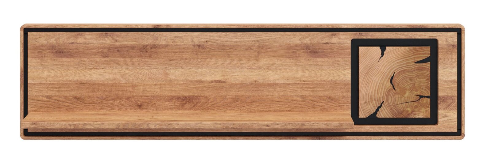 Lange houten wandplank met zwart frame en geïntegreerd vierkant accentpaneel met jaarringenmotief, vooraanzicht