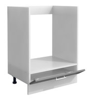 Weißer Küchen-Unterschrankkorpus mit offenem Fach und ausgezogener Schublade mit Metallgriff, dargestellt in schräger Frontansicht