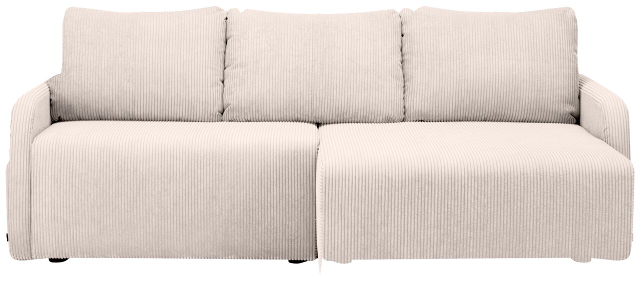 Beige hoekbank met drie zitplaatsen en geribbelde bekleding, vooraanzicht