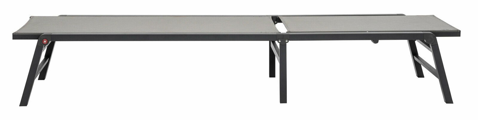 Gartenliege in seitlicher Perspektive mit schwarzem Metallrahmen und grauer Liegefläche