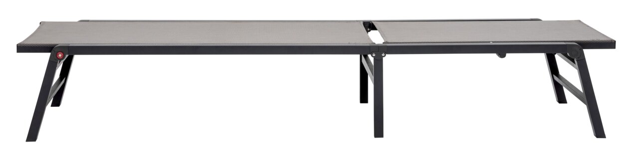 Gartenliege in seitlicher Perspektive mit schwarzem Metallrahmen und grauer Liegefläche