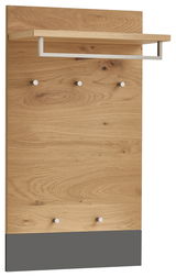 Garderobenpaneel aus Holz mit fünf Haken und einer Ablage, seitliche Perspektive
