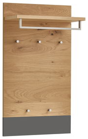 Garderobenpaneel aus Holz mit fünf Haken und einer Ablage, seitliche Perspektive