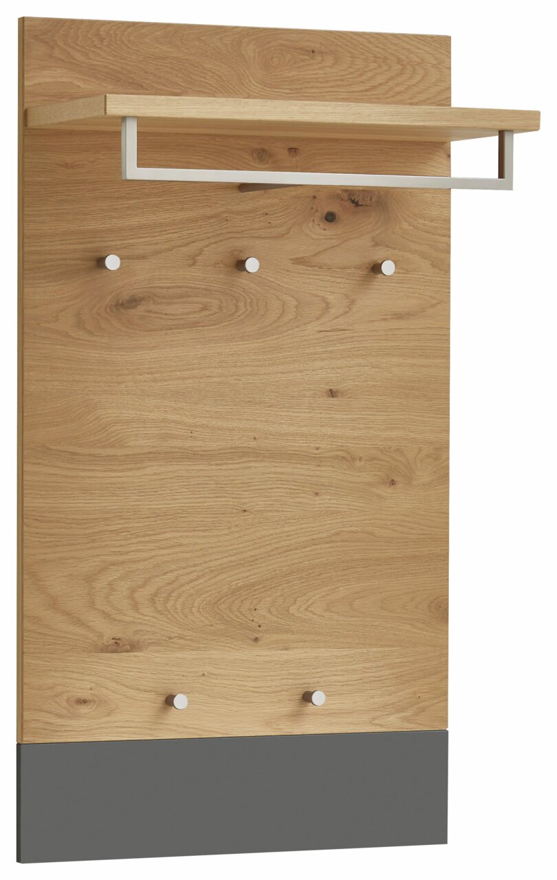Garderobenpaneel aus Holz mit fünf Haken und einer Ablage, seitliche Perspektive